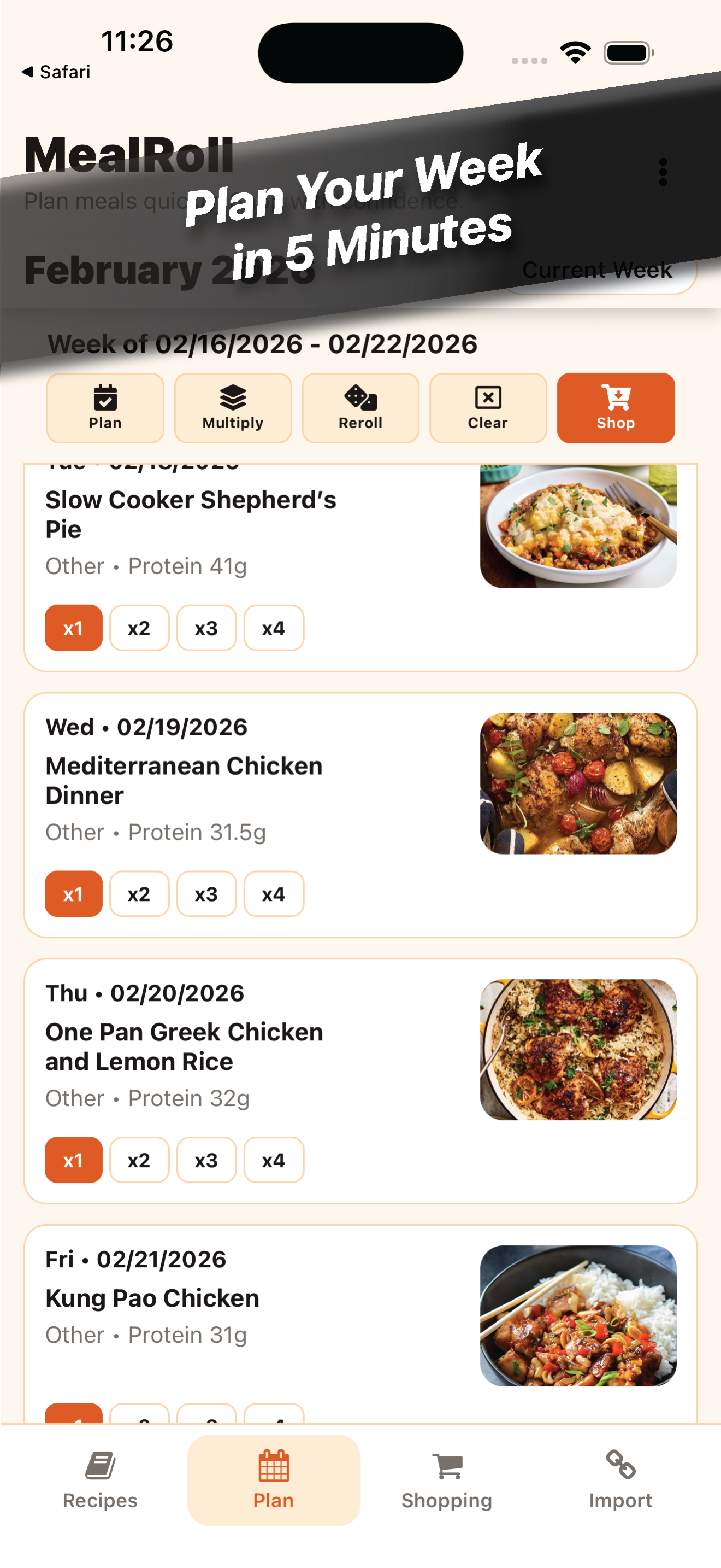 MealRoll weekly meal planner screen on iPhone