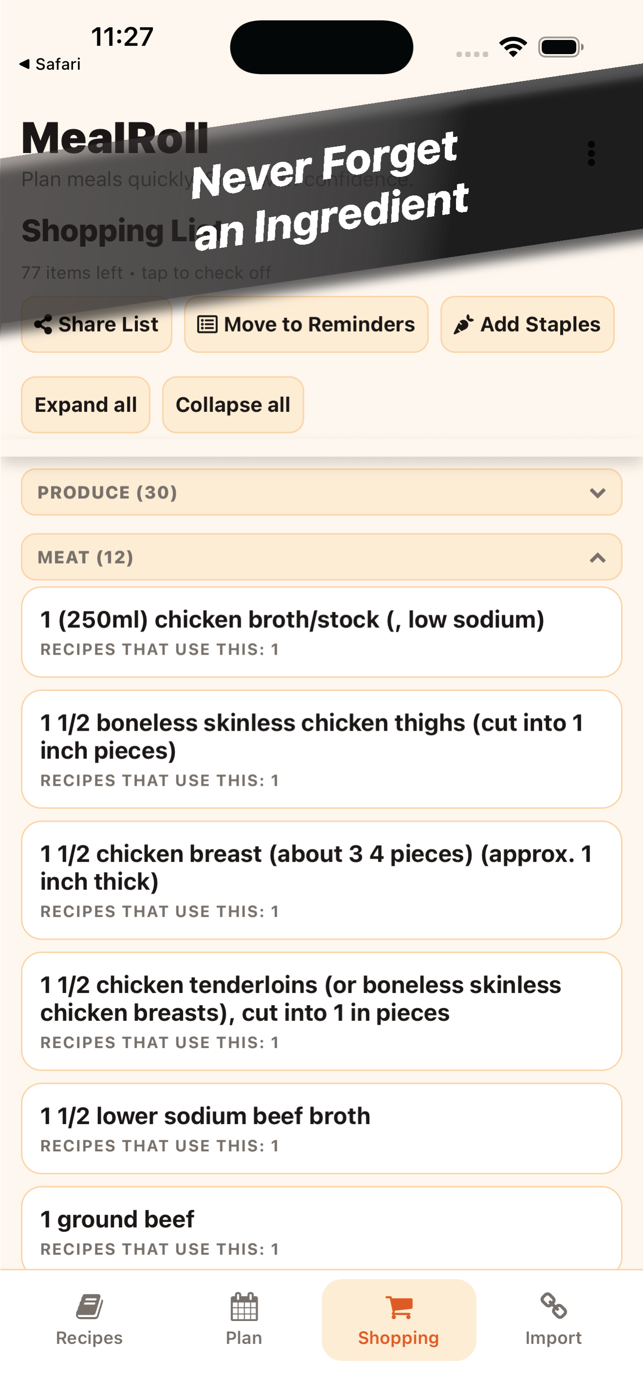 MealRoll grocery list generated from weekly meal plan
